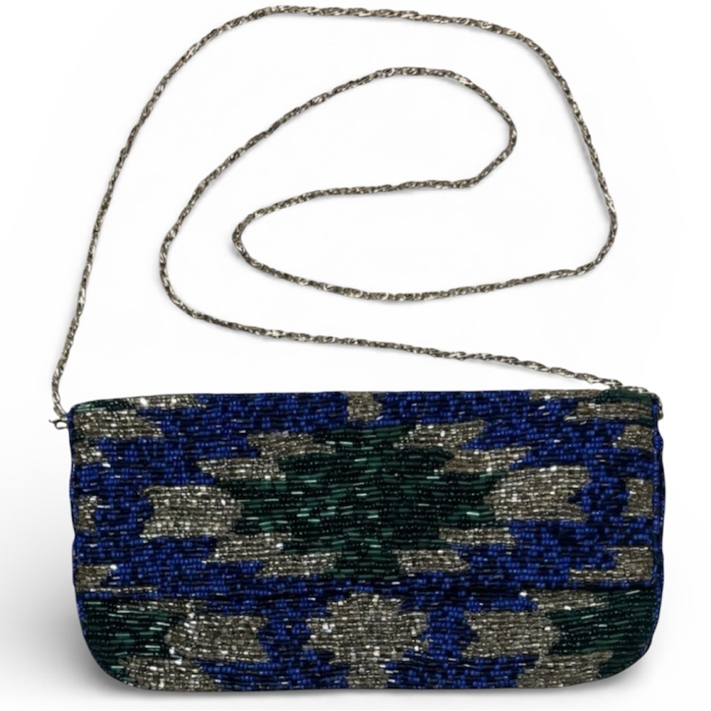 Vintage Beaded Clutch Crossbody Purse Formal Bag Blue Green Metallic Silver - Picture 13 of 16